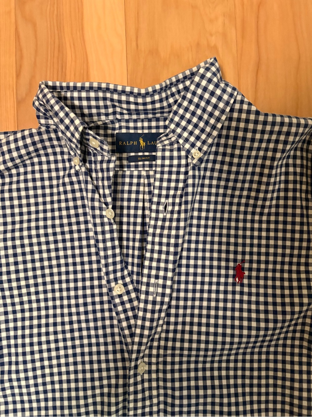 Ralph Lauren Navy and White Gingham Button-Down Shirt with Red Pony
